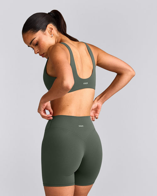 SoftMotion™ Scoop Back Bralette with Gray Logo | Dark Khaki