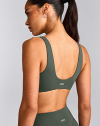 SoftMotion™ Scoop Back Bralette with Grey Logo | Dark Khaki