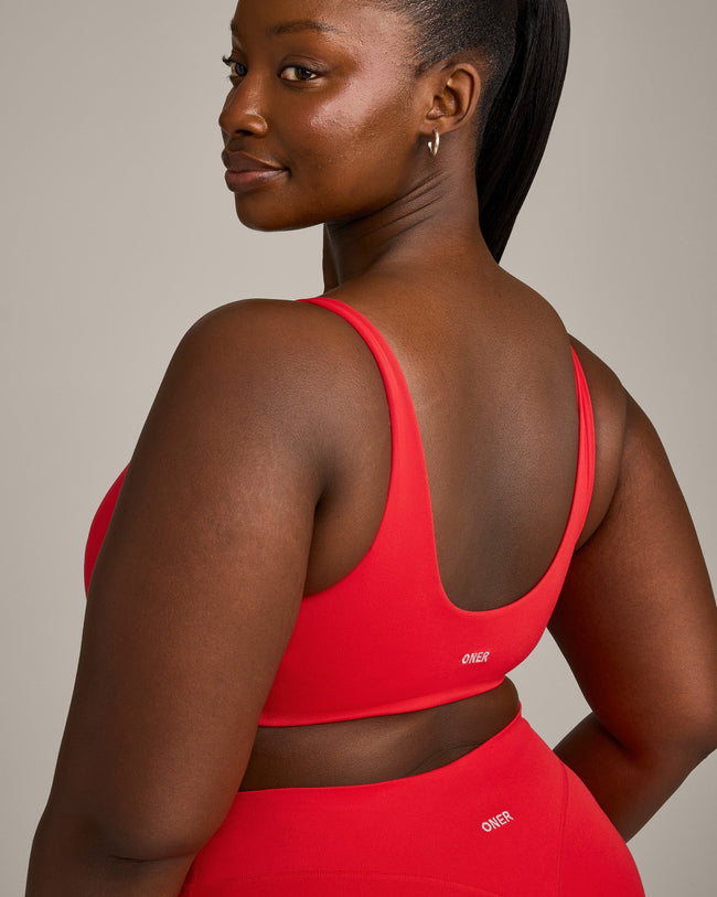 SoftMotion™ Scoop Back Bralette with Grey Logo | Fiery Red