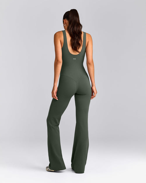 SoftMotion™ Scoop Back Flared All In One Long with Gray Logo | Dark Khaki