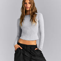 Fitted Cotton Long Sleeve Crew Neck Top | Mid Gray Marl
