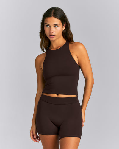 SoftMotion™ High Neck Mid Tank with Built in Bra Shelf | 70% Cocoa