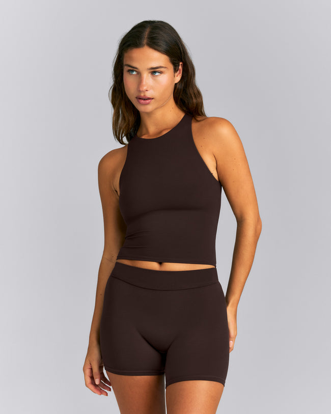 SoftMotion™ High Neck Mid Tank with Built in Bra Shelf | 70% Cocoa