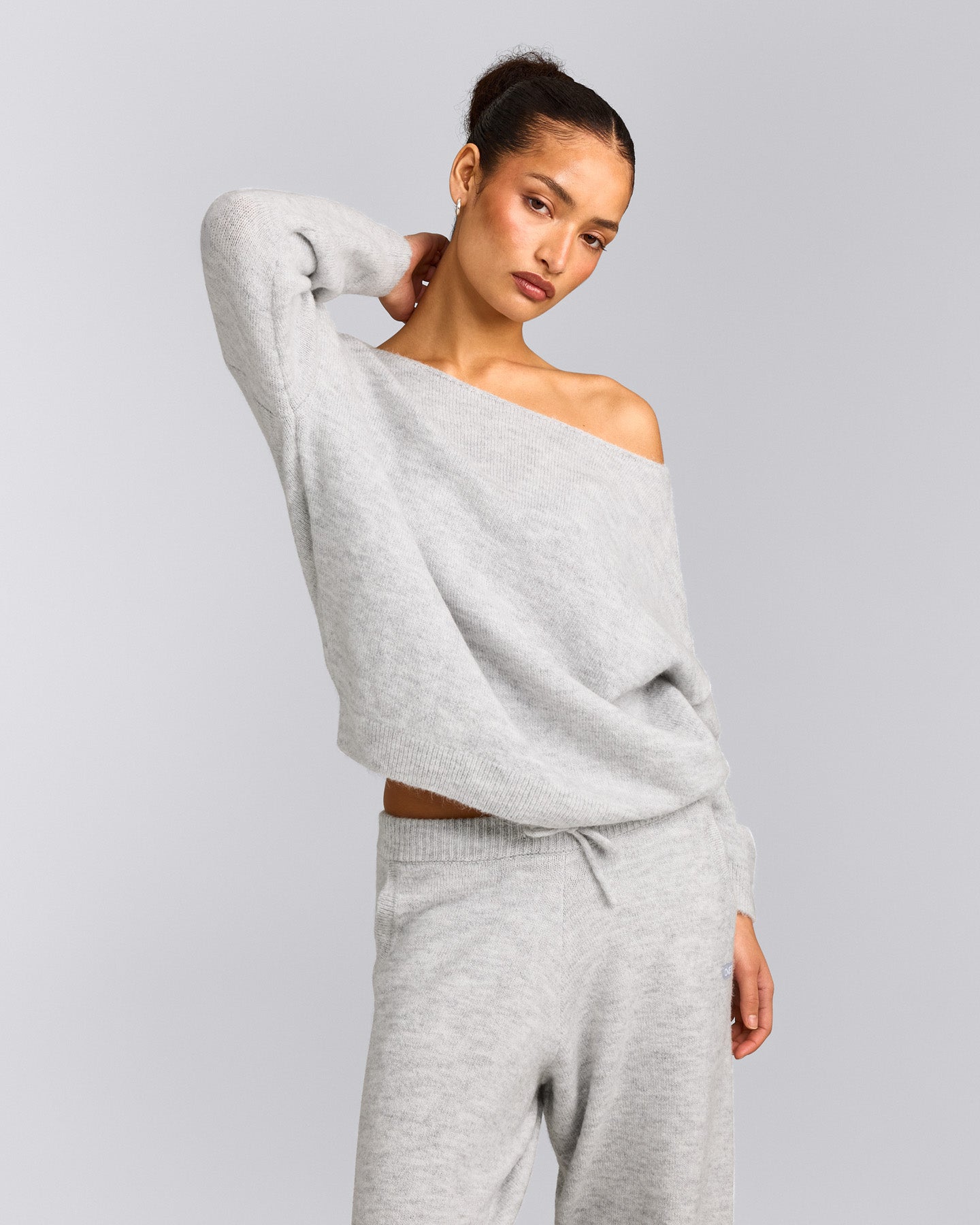 Oversized Knit Off-The-Shoulder Sweater | Light Grey Marl