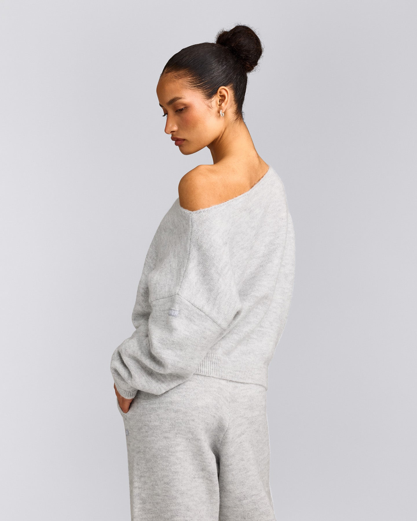 Oversized Knit Off-The-Shoulder Sweater | Light Grey Marl