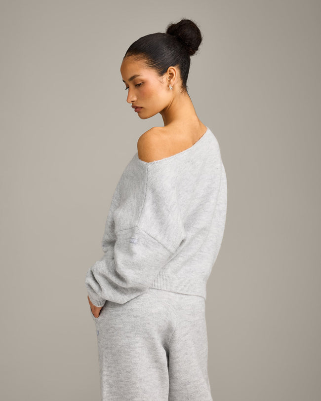 Oversized Knit Off-The-Shoulder Sweater | Light Grey Marl