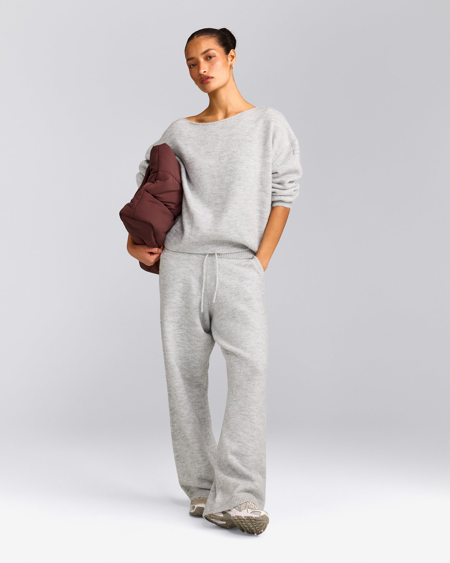 Oversized Knit Off-The-Shoulder Sweater | Light Grey Marl