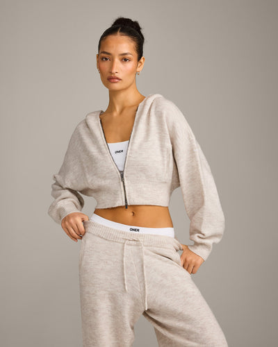 Oversized Knit Zip Through Mid Hoodie | Oat Marl