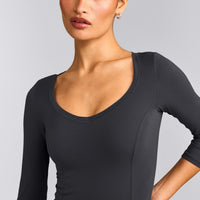 Mellow™ Motion Wide V Neck 3/4 Length Sleeve Mid Top | Coal