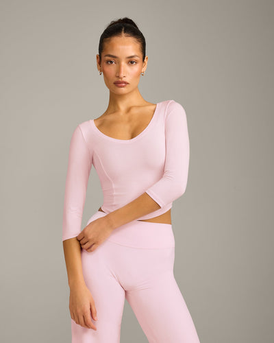 Mellow™ Motion Wide V Neck 3/4 Length Sleeve Mid Top | Soft Girl Pink