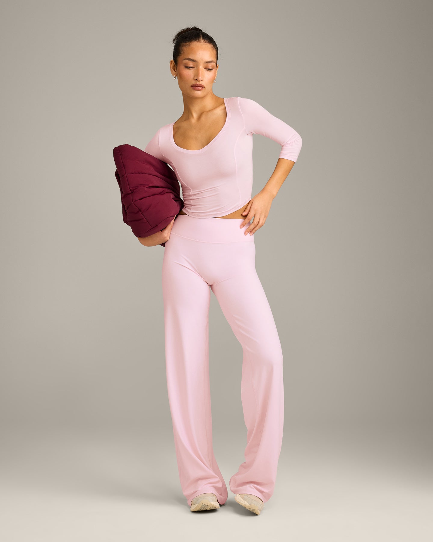 Mellow™ Motion Wide V Neck 3/4 Length Sleeve Mid Top | Soft Girl Pink