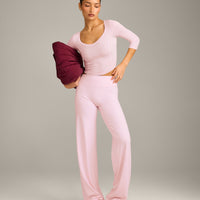 Mellow™ Motion Wide V Neck 3/4 Length Sleeve Mid Top | Soft Girl Pink