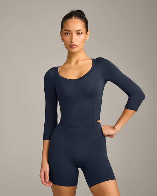 Mellow™ Motion Wide V Neck 3/4 Length Sleeve Mid Top | True Blue