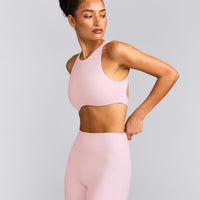 SoftMotion™ High Neck Sports Bra with Gray Logo | Soft Girl Pink
