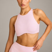 SoftMotion™ High Neck Sports Bra with Grey Logo | Soft Girl Pink