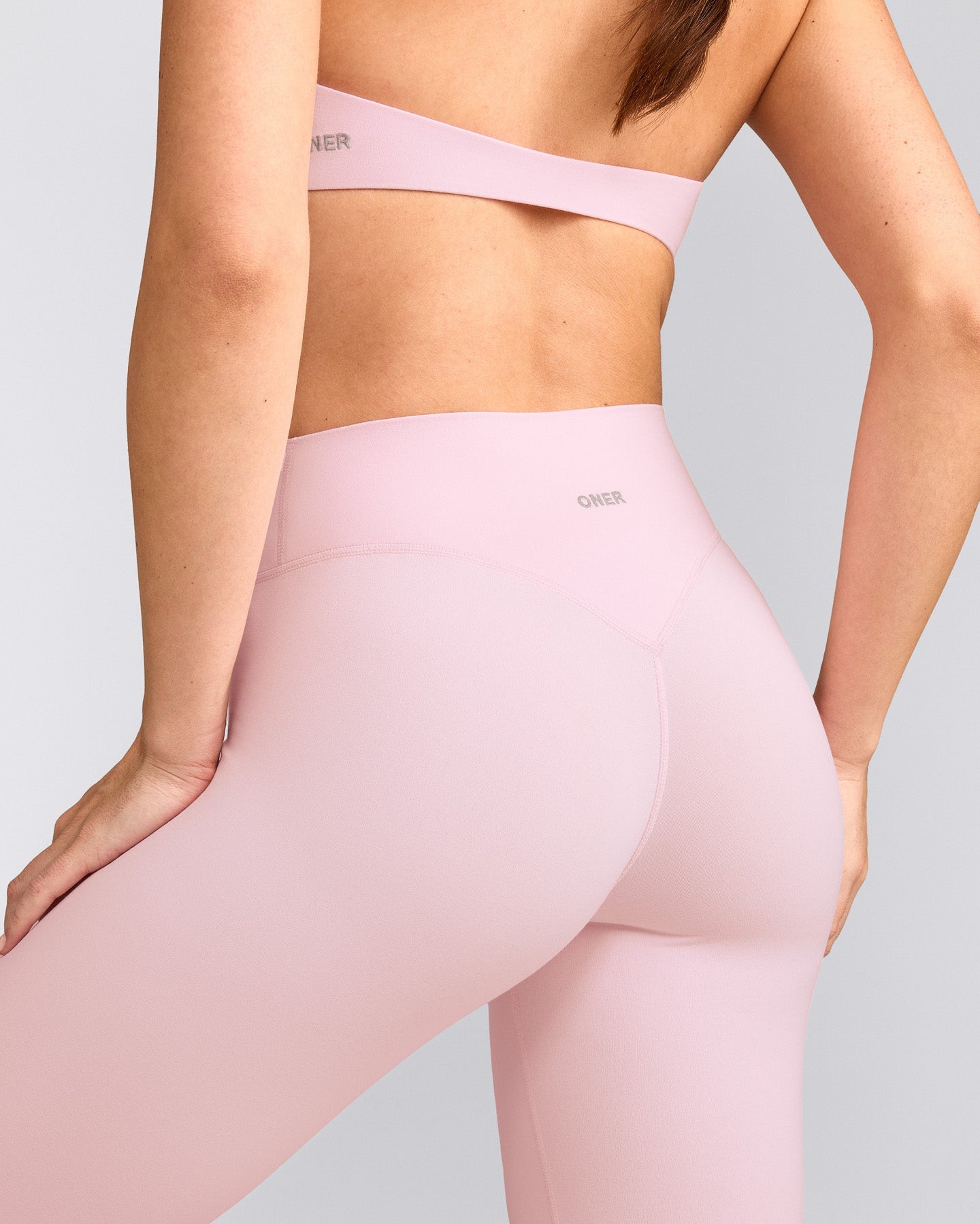 SoftMotion™ High Waisted Leggings with Grey Logo | Soft Girl Pink