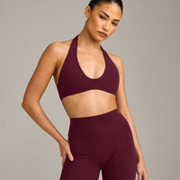 SoftMotion™ Minimal Halter Neck Bralette with Grey Logo | Cherry Lacquer Purple