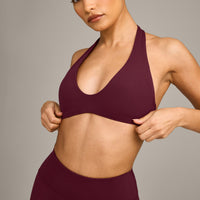 SoftMotion™ Minimal Halter Neck Bralette with Grey Logo | Cherry Lacquer Purple