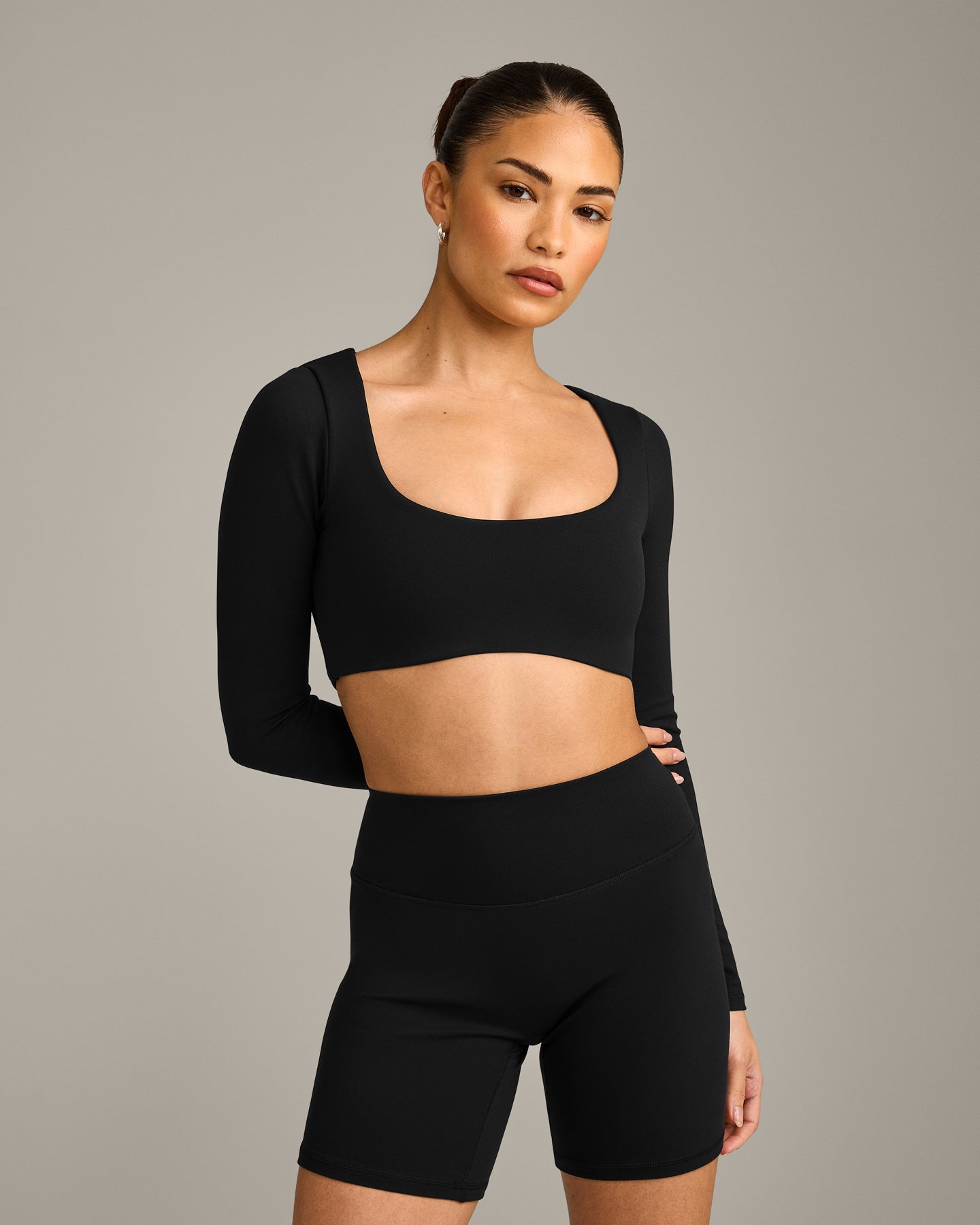 SoftMotion™ Scoop Neck Long Sleeve Crop Top with Built in Bra Shelf with Grey Logo | Black