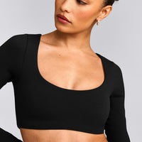 SoftMotion™ Scoop Neck Long Sleeve Crop Top with Built in Bra Shelf with Grey Logo | Black