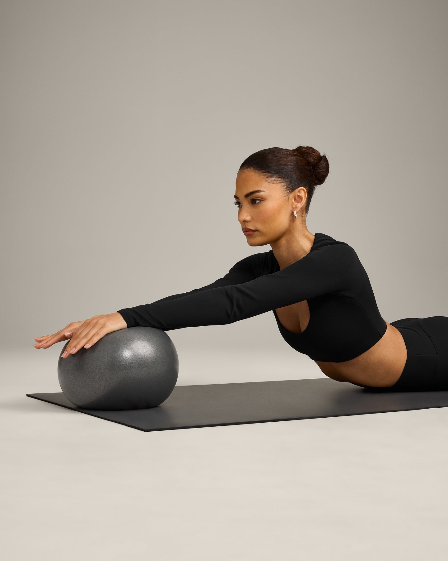 SoftMotion™ Scoop Neck Long Sleeve Crop Top with Built in Bra Shelf with Grey Logo | Black
