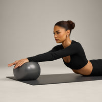 SoftMotion™ Scoop Neck Long Sleeve Crop Top with Built in Bra Shelf with Grey Logo | Black