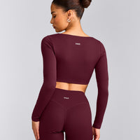SoftMotion™ Scoop Neck Long Sleeve Crop Top with Built in Bra Shelf with Gray Logo | Cherry Lacquer Purple