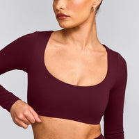 SoftMotion™ Scoop Neck Long Sleeve Crop Top with Built in Bra Shelf with Gray Logo | Cherry Lacquer Purple