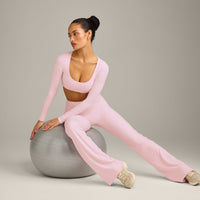 SoftMotion™ Scoop Neck Long Sleeve Crop Top with Built in Bra Shelf with Grey Logo | Soft Girl Pink