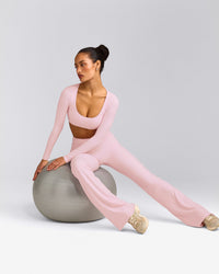 SoftMotion™ Scoop Neck Long Sleeve Crop Top with Built in Bra Shelf with Grey Logo | Soft Girl Pink