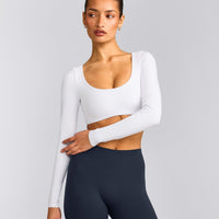 SoftMotion™ Scoop Neck Long Sleeve Crop Top with Built in Bra Shelf with Gray Logo | White