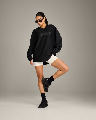 Oversized V Neck Long Sleeve T-Shirt with Oner Graphic | Black