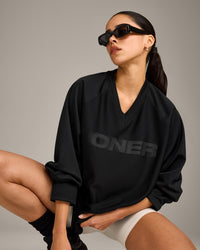 Oversized V Neck Long Sleeve T-Shirt with Oner Graphic | Black