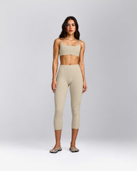 SoftMotion™ 3/4 Length Leggings with Grey Logo | Oatmeal