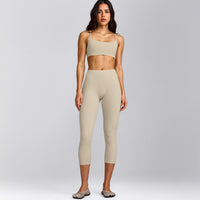 SoftMotion™ 3/4 Length Leggings with Grey Logo | Oatmeal