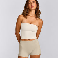 SoftMotion™ Bandeau Mid Tank Top with Built in Bra Shelf with Gray Logo | Marshmallow White