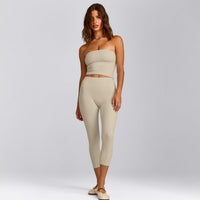 SoftMotion™ Bandeau Mid Tank Top with Built in Bra Shelf with Gray Logo | Oatmeal