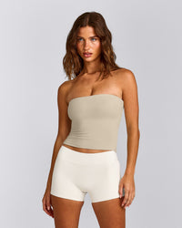 SoftMotion™ Bandeau Vest with Built in Bra Shelf with Grey Logo | Oatmeal