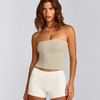 SoftMotion™ Bandeau Vest with Built in Bra Shelf with Grey Logo | Oatmeal