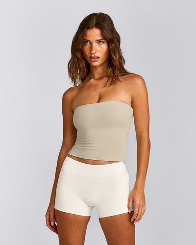 SoftMotion™ Bandeau Vest with Built in Bra Shelf with Grey Logo | Oatmeal