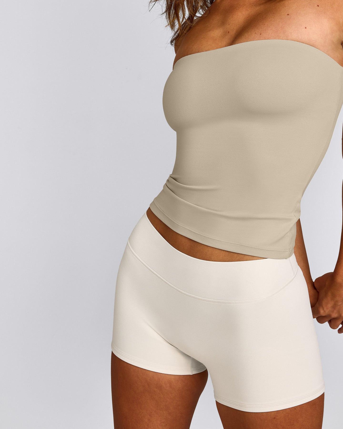 SoftMotion™ Bandeau Vest with Built in Bra Shelf with Grey Logo | Oatmeal