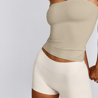SoftMotion™ Bandeau Vest with Built in Bra Shelf with Grey Logo | Oatmeal