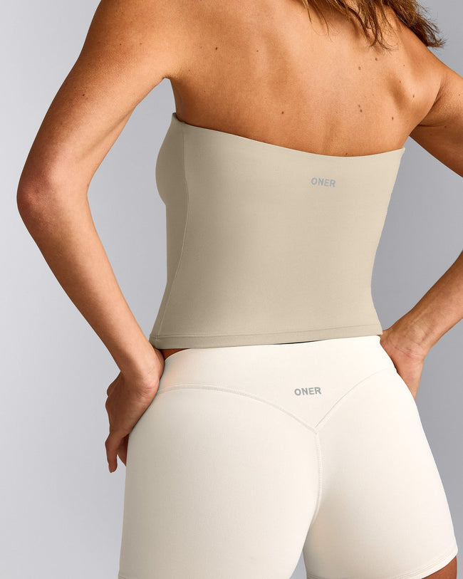 SoftMotion™ Bandeau Vest with Built in Bra Shelf with Grey Logo | Oatmeal