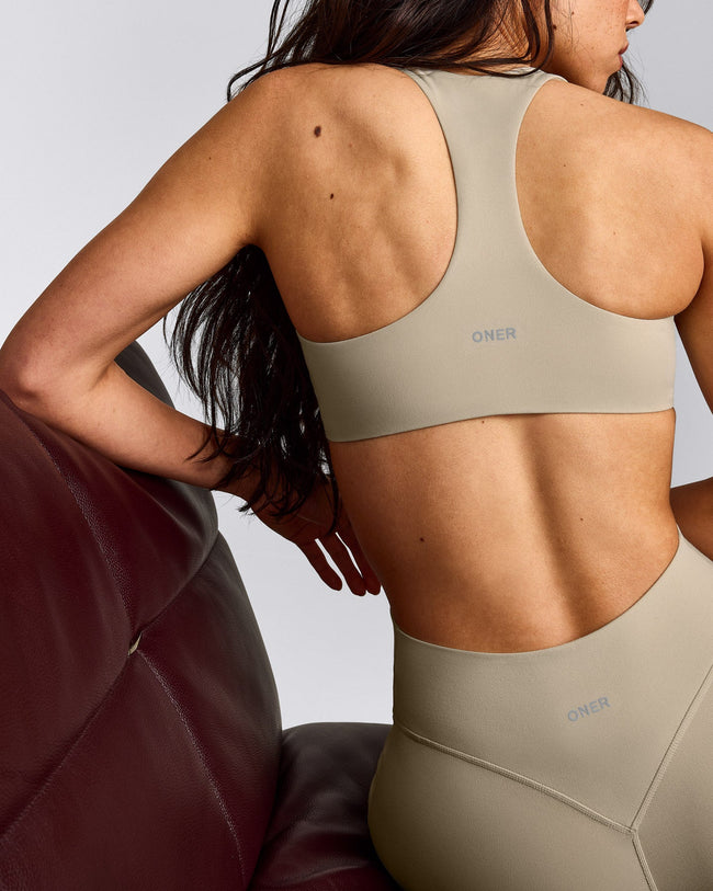 SoftMotion™ Bralette with Grey Logo | Oatmeal