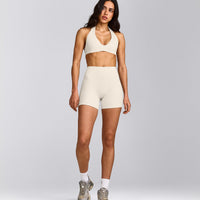 SoftMotion™ Double Layer High Waisted Shorts 6" with Gray Logo | Marshmallow White