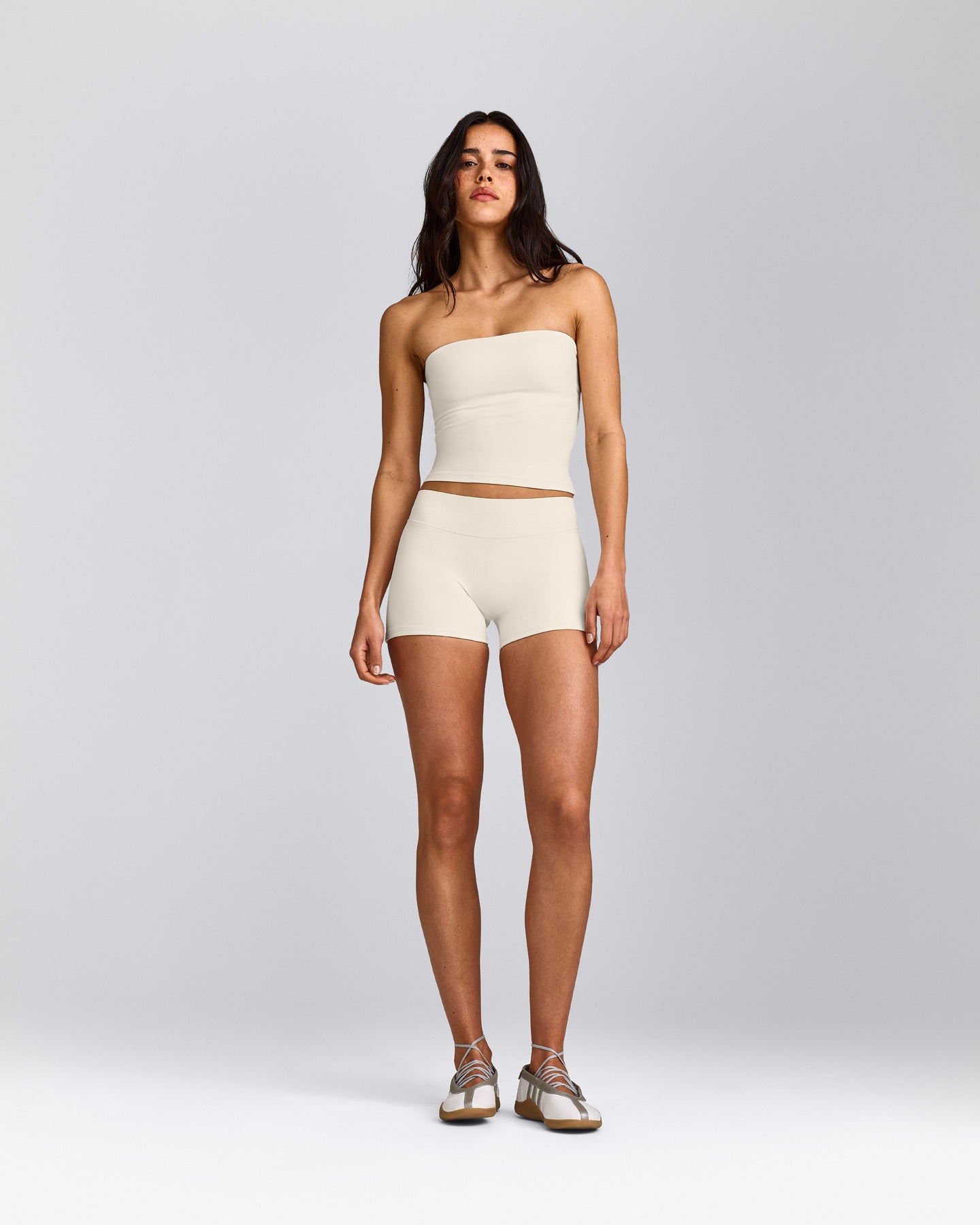SoftMotion™ Double Layer Mid Rise Micro Shorts 4" with Grey Logo | Marshmallow White