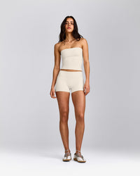 SoftMotion™ Double Layer Mid Rise Micro Shorts 4" with Grey Logo | Marshmallow White