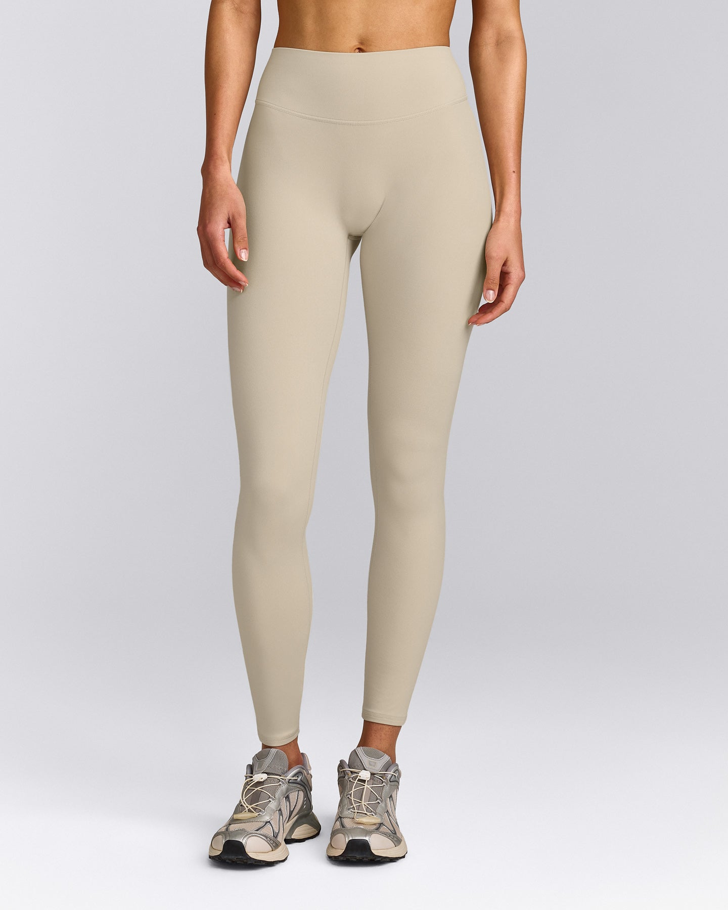 SoftMotion™ High Waisted Leggings with Grey Logo | Oatmeal