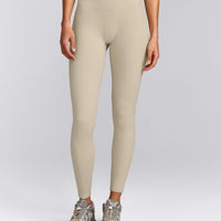 SoftMotion™ High Waisted Leggings with Grey Logo | Oatmeal
