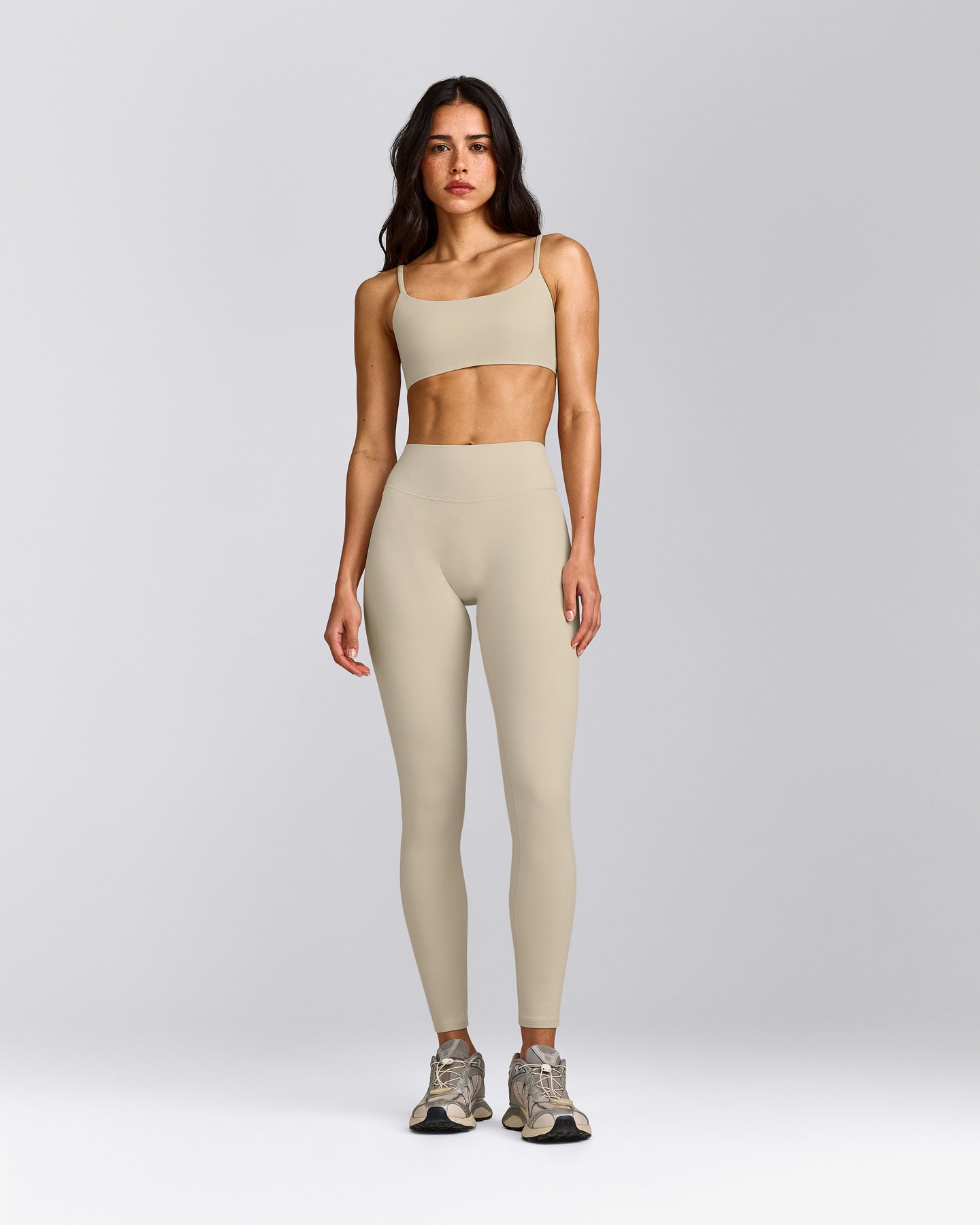 SoftMotion™ High Waisted Leggings with Grey Logo | Oatmeal